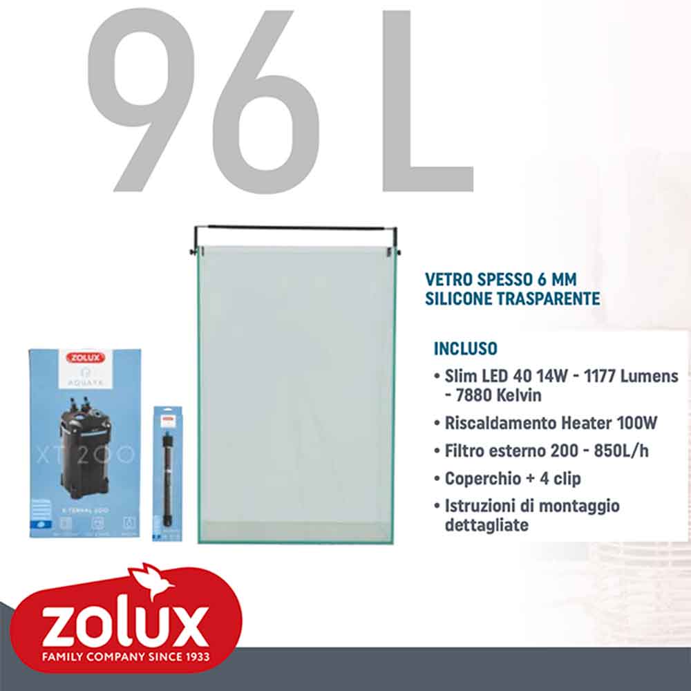 Zolux Aqua Colonne 40 96 litri con Filtro esterno e riscaldatore 40x40x60h cm