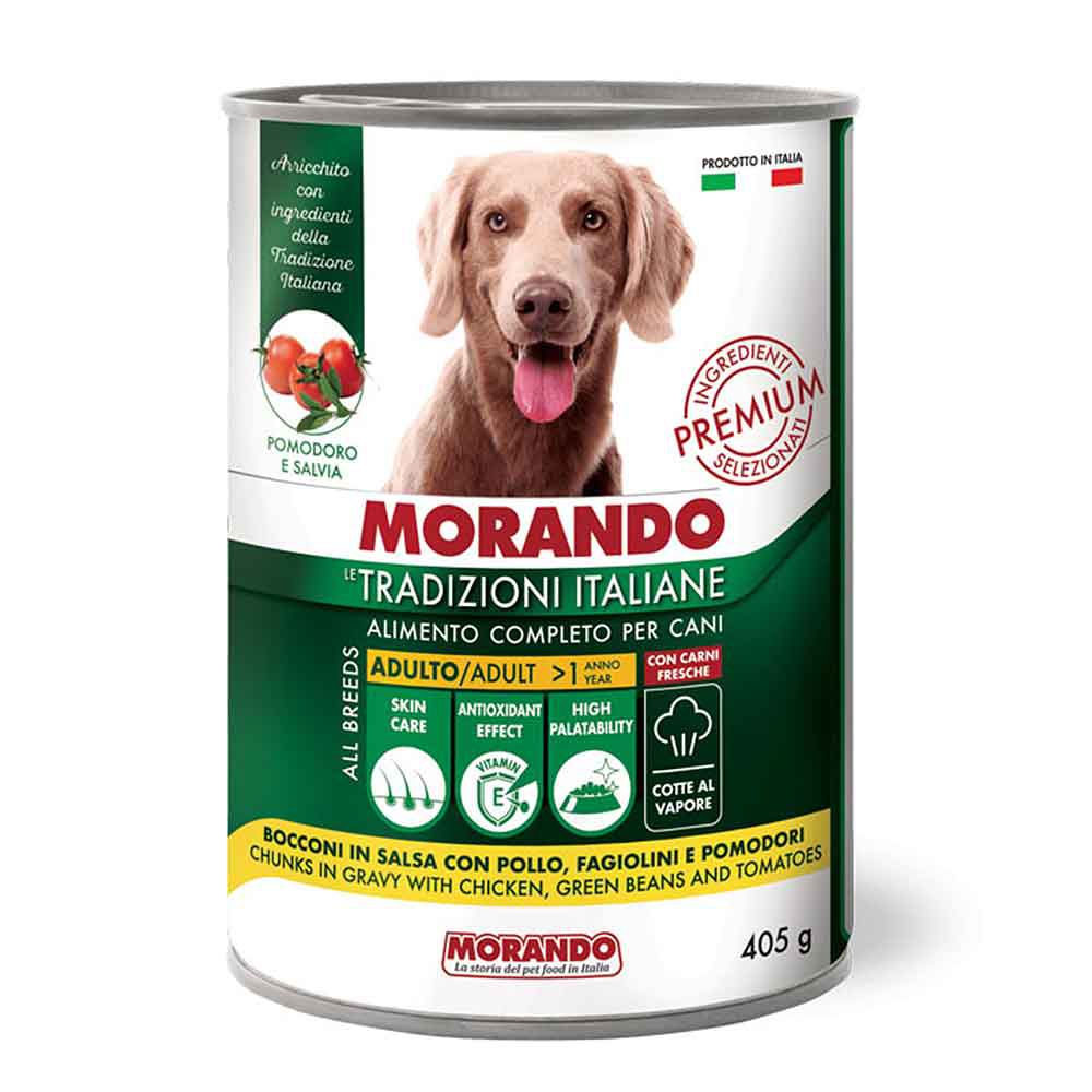 Morando Premium Adulto Umido per Cani Bocconi in salsa Pollo Fagiolini e Pomodori 405gr
