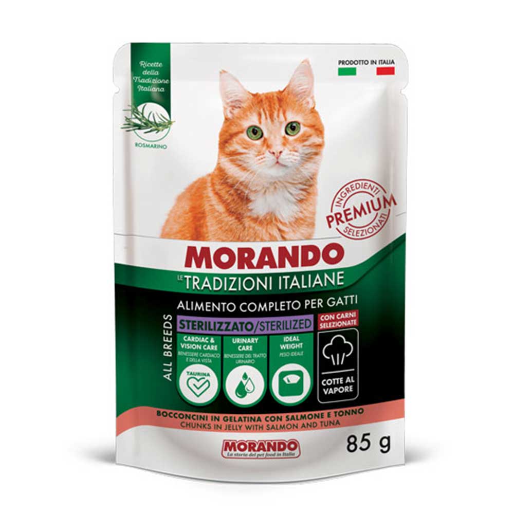 Morando Premium Sterilizzato Umido Bocconcini in gelatina per Gatto con Salmone e Tonno 85gr